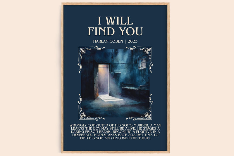 I Will Find You minimalist book poster by Harlan Coben – framed literary art print