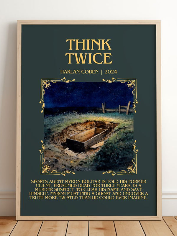 Think Twice Minimalist Book Poster by Harlan Coben – framed print leaning on a wooden floor