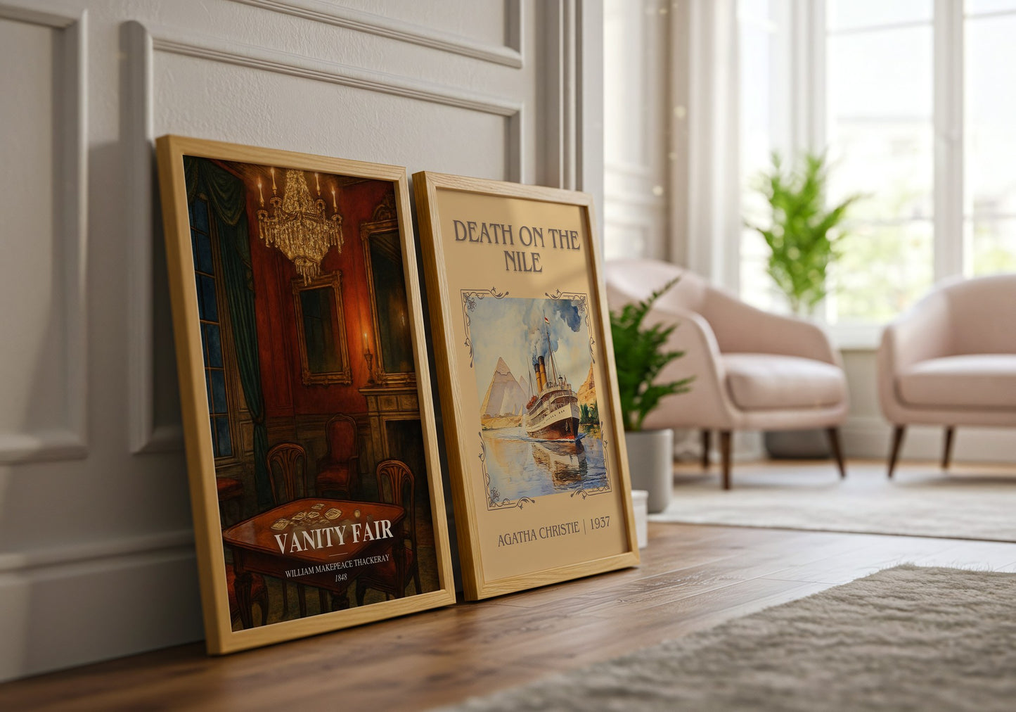 Vanity Fair watercolour print framed by window – literary home decor