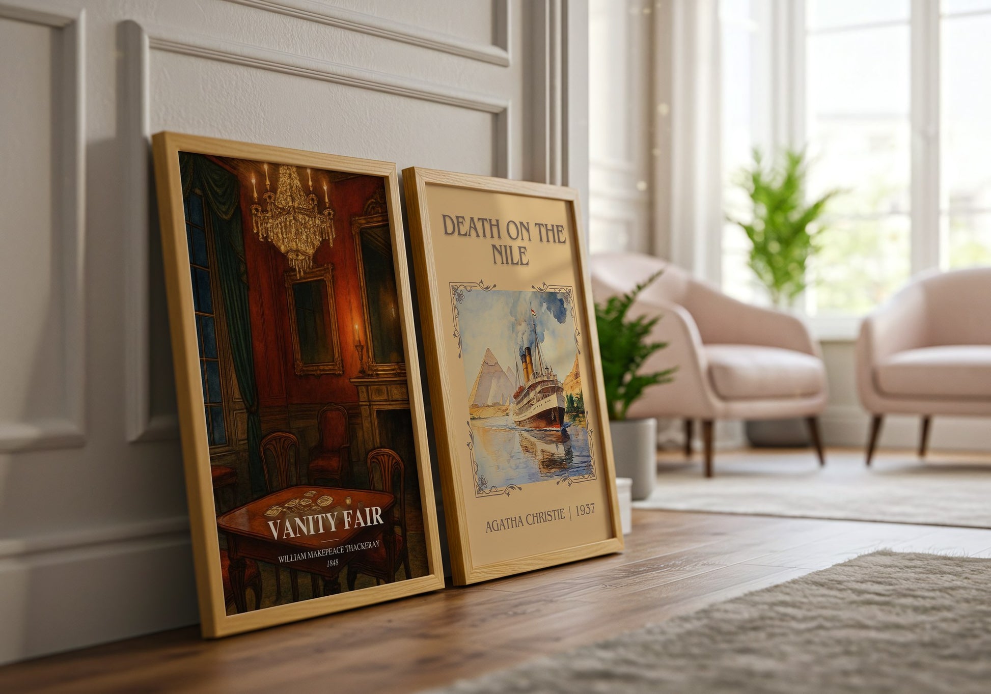 Vanity Fair watercolour print framed by window – literary home decor