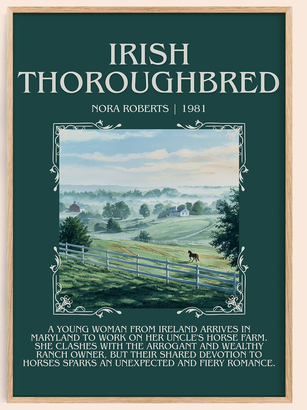 Irish Thoroughbred minimalist book poster by Nora Roberts – framed literary art print