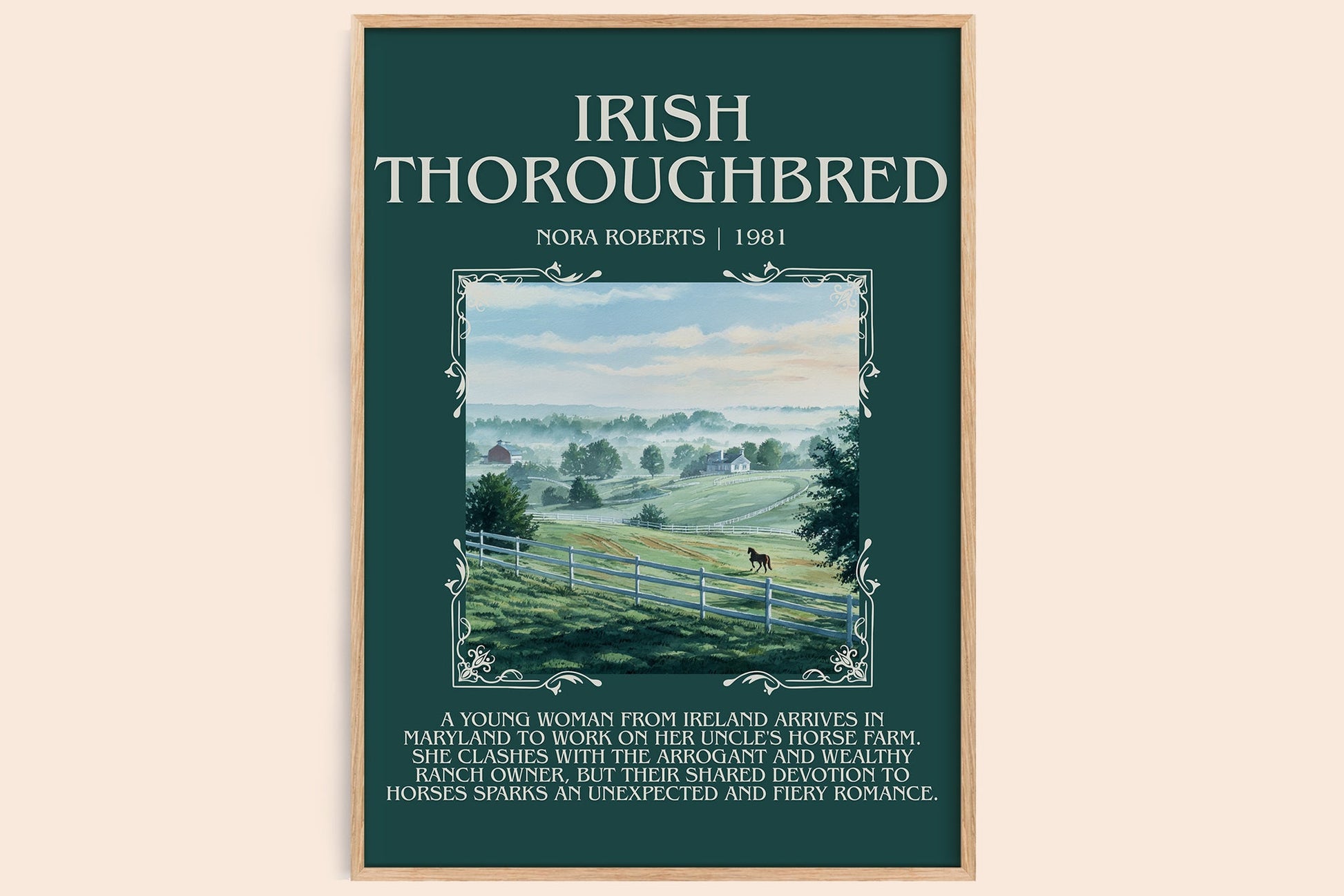 Irish Thoroughbred minimalist book poster by Nora Roberts – framed literary art print