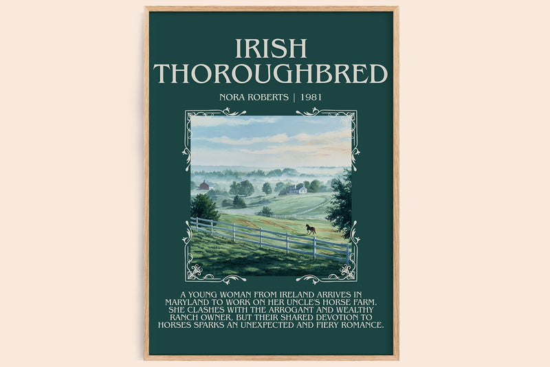 Irish Thoroughbred minimalist book poster by Nora Roberts – framed literary art print