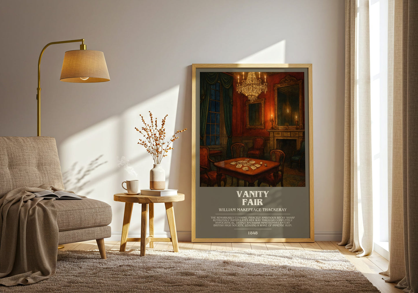 Vanity Fair bookish print on bookshelf – William Makepeace Thackeray fan gift