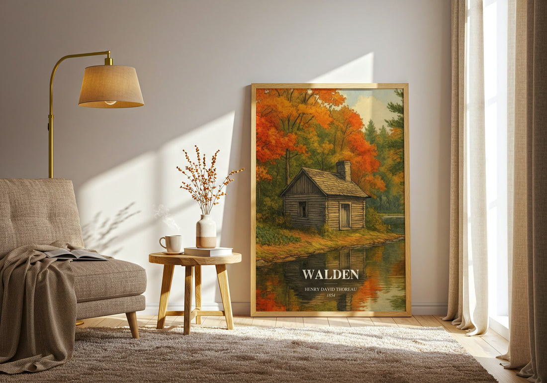 Walden watercolour print in frame leaning in hallway – non fiction wall art (mockup)