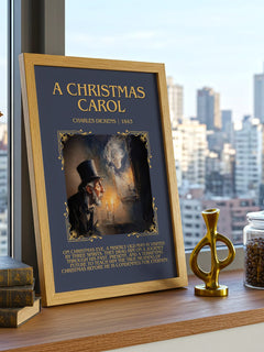 A Christmas Carol Minimalist Book Poster by Charles Dickens – framed print on a city-view windowsill