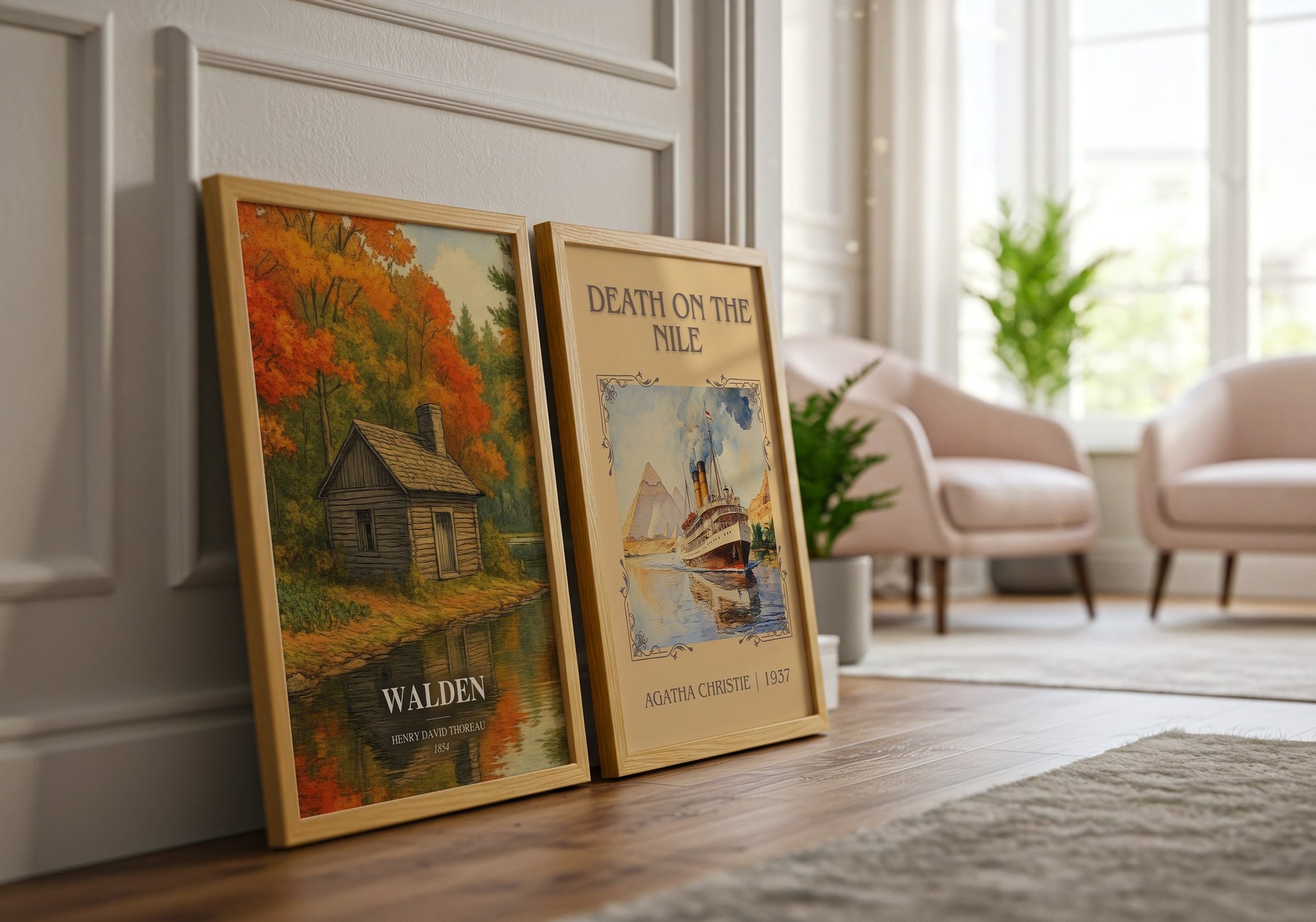 Walden watercolour print framed by window – literary home decor