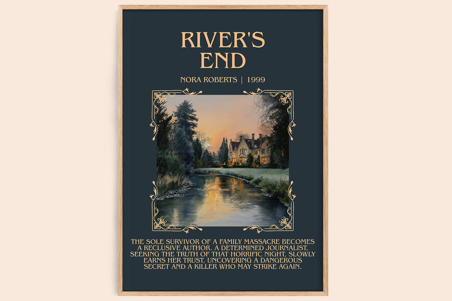 River's End minimalist book poster by Nora Roberts – framed literary art print