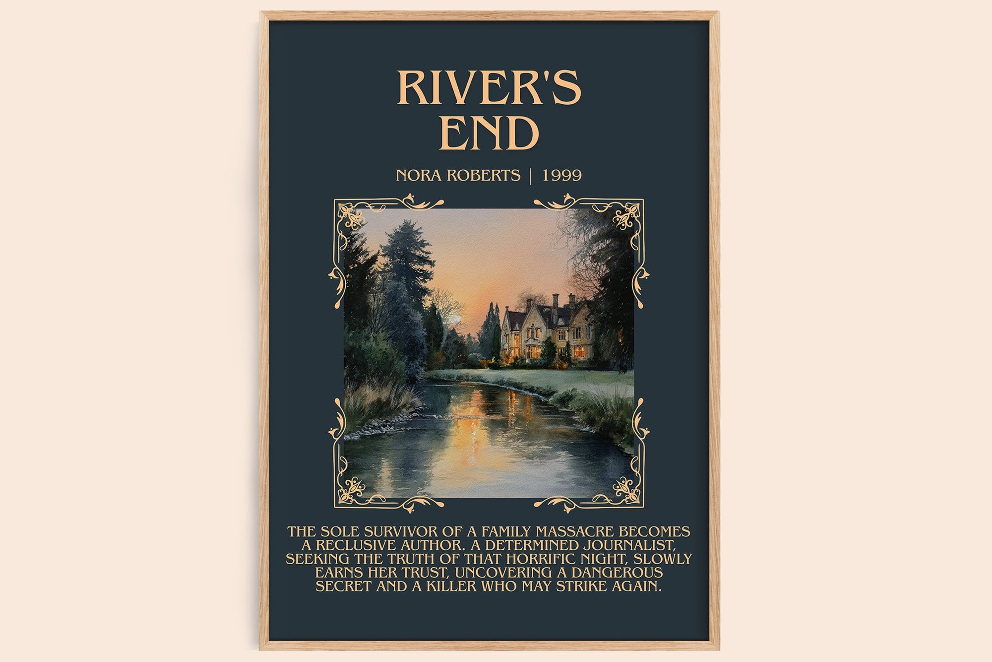 River's End minimalist book poster by Nora Roberts – framed literary art print