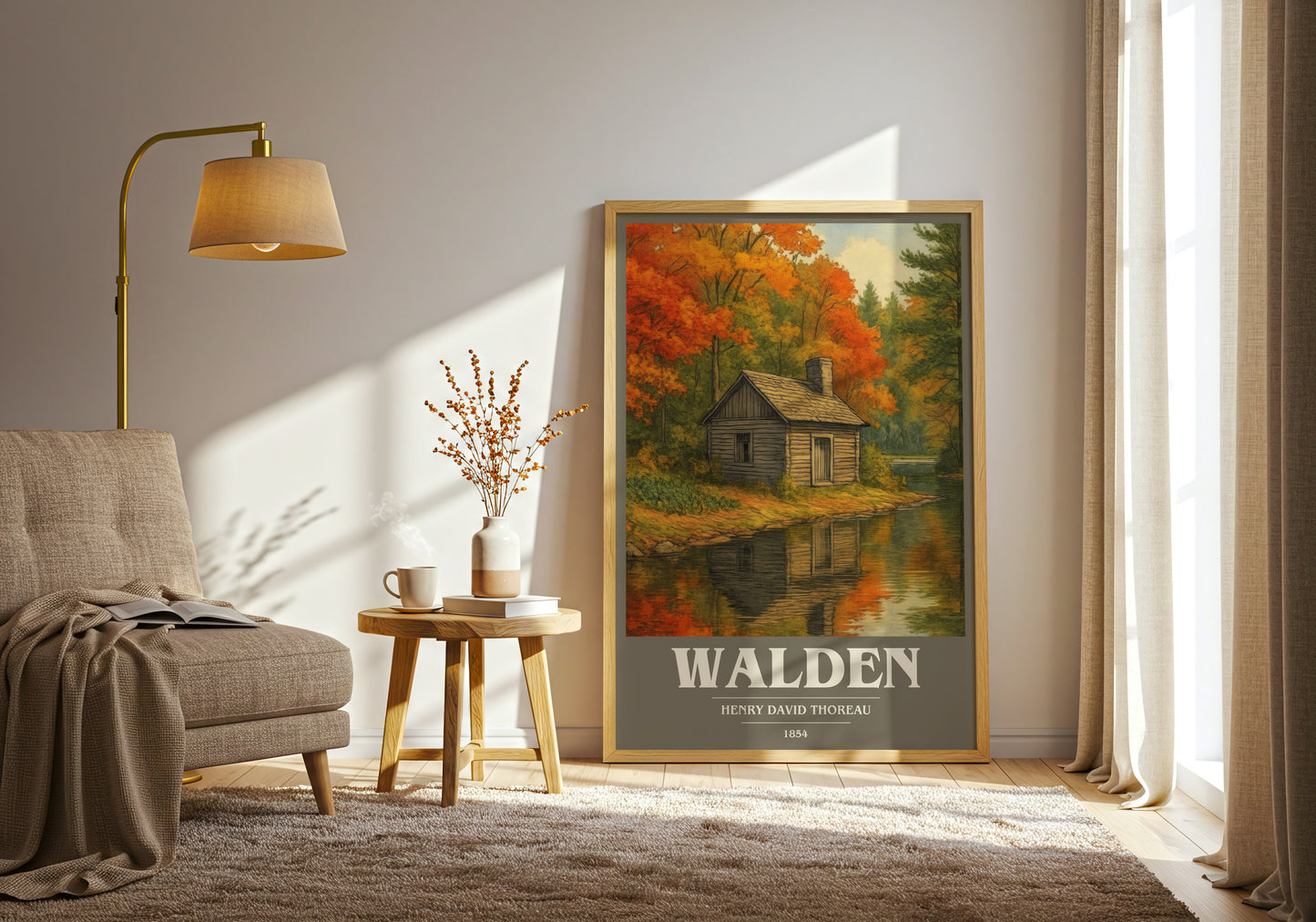 Walden book cover print on bookshelf – Henry David Thoreau fan gift