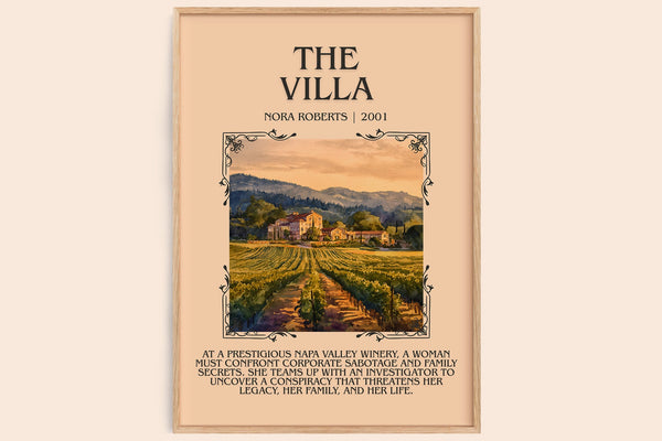 The Villa minimalist book poster by Nora Roberts – framed literary art print
