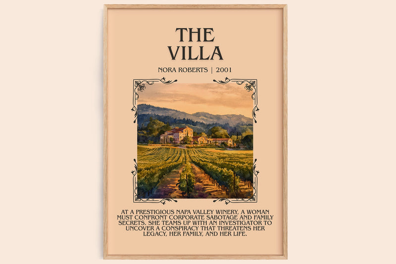 The Villa minimalist book poster by Nora Roberts – framed literary art print