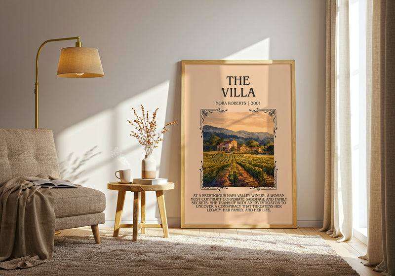 The Villa minimalist print in frame leaning in hallway – romance wall art