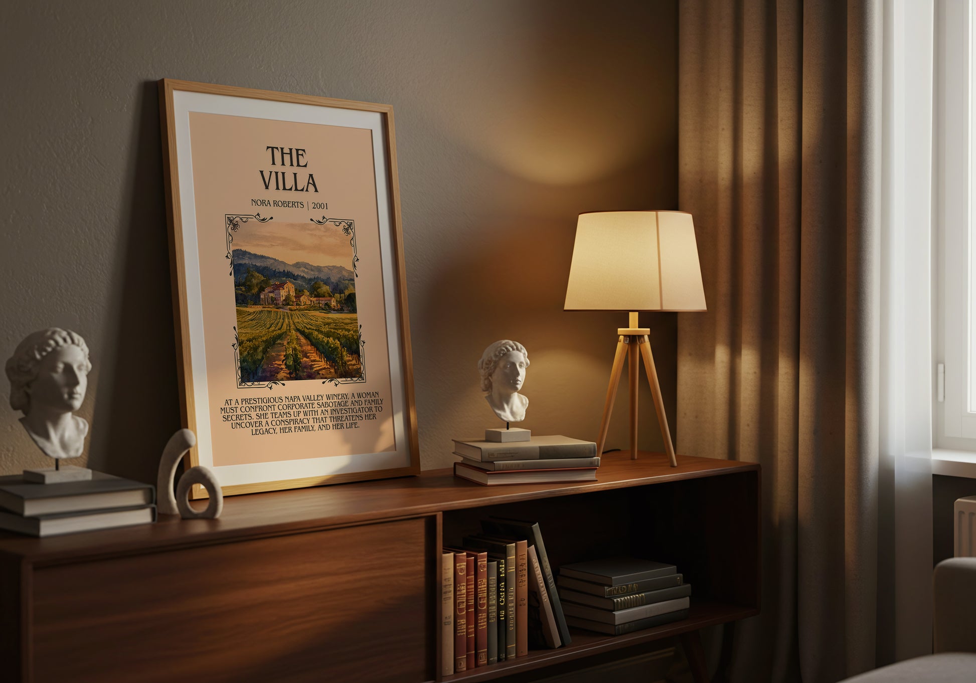 The Villa minimalist book poster framed on wall – romance wall art