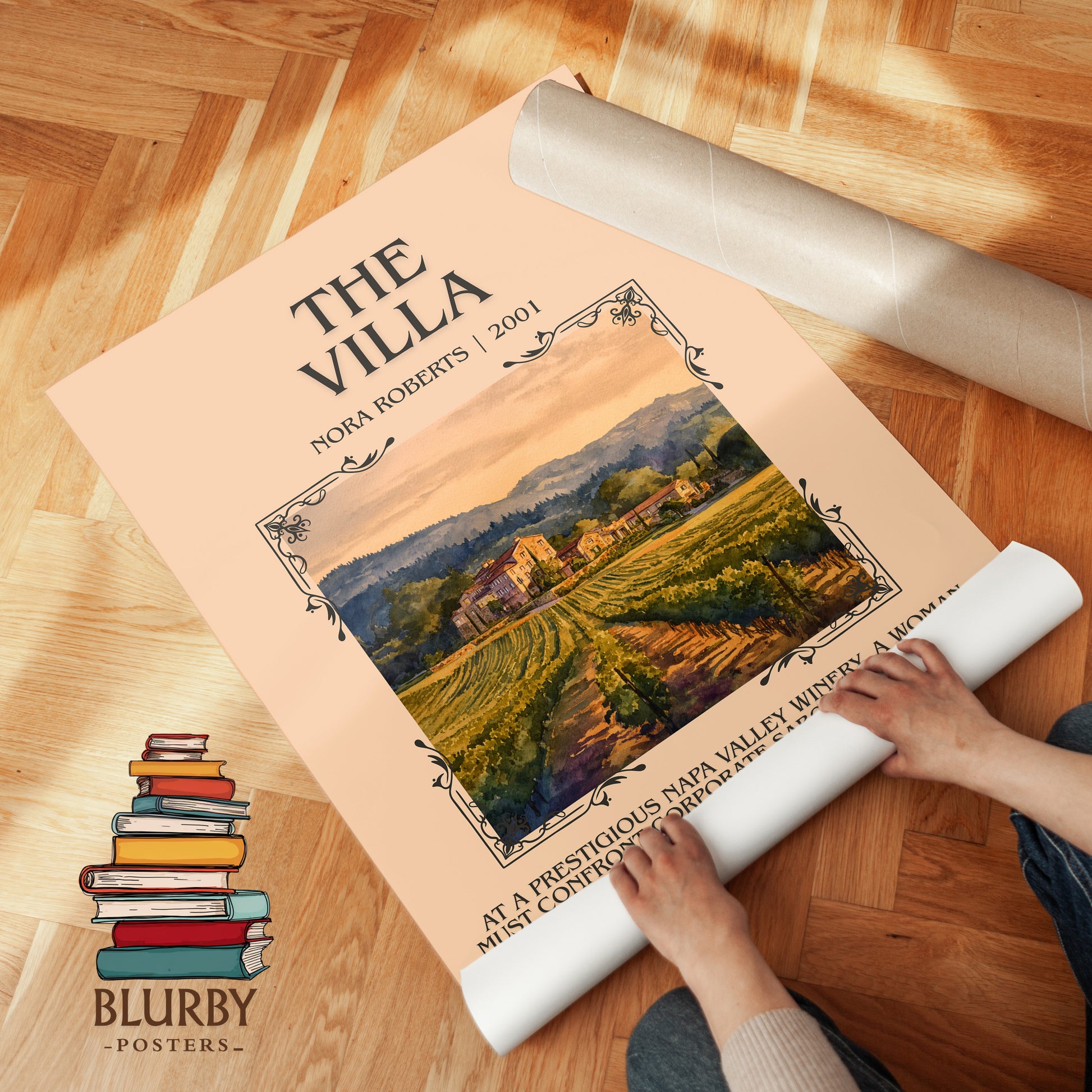 The Villa minimalist print on bookshelf – Nora Roberts fan gift
