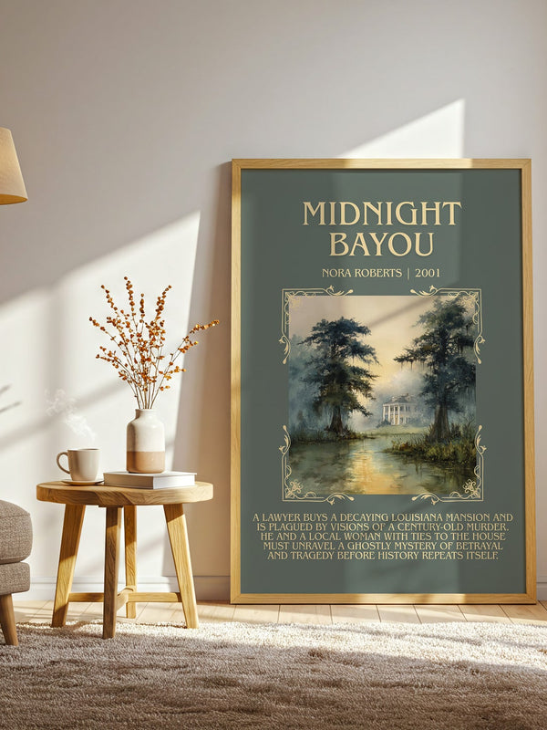 Midnight Bayou minimalist print in frame leaning in hallway – romance wall art
