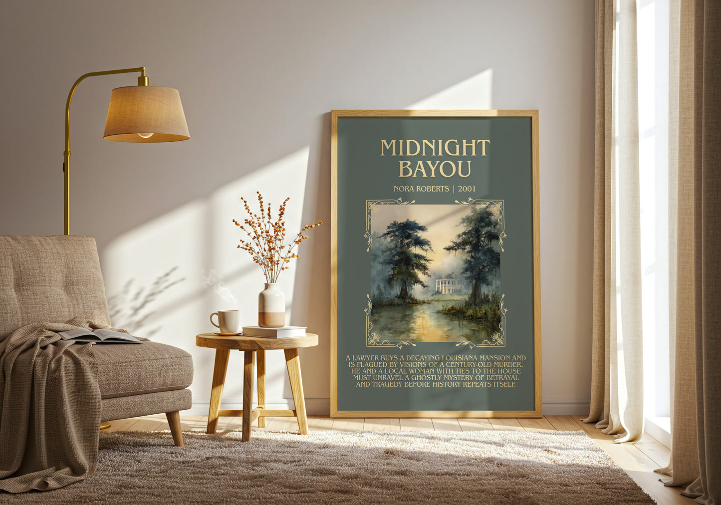 Midnight Bayou minimalist print in frame leaning in hallway – romance wall art