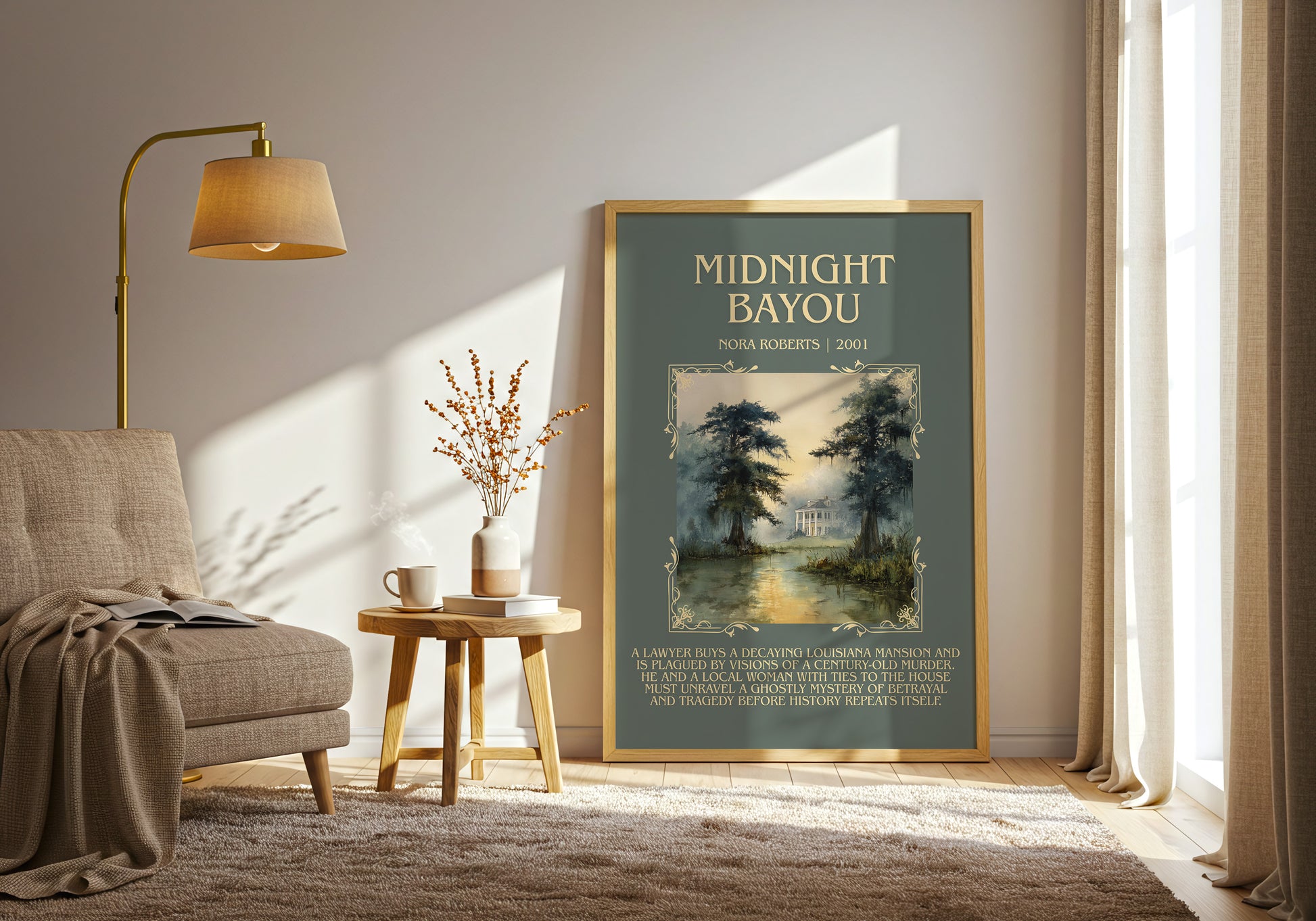 Midnight Bayou minimalist print in frame leaning in hallway – romance wall art
