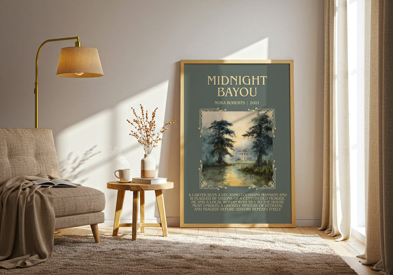 Midnight Bayou minimalist print in frame leaning in hallway – romance wall art