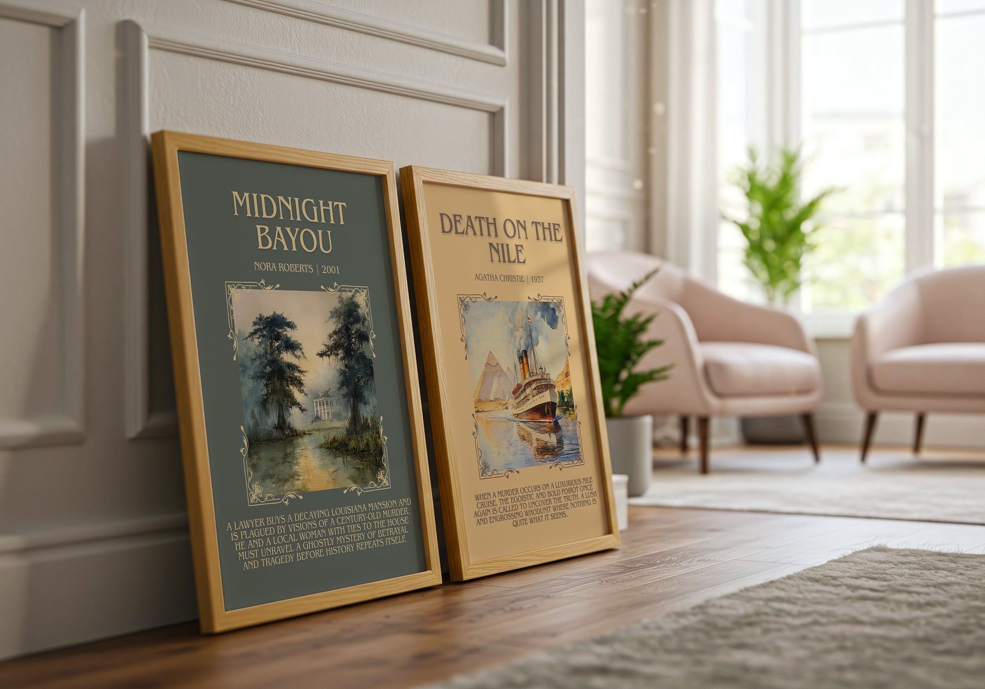 Midnight Bayou minimalist print framed by window – literary home decor