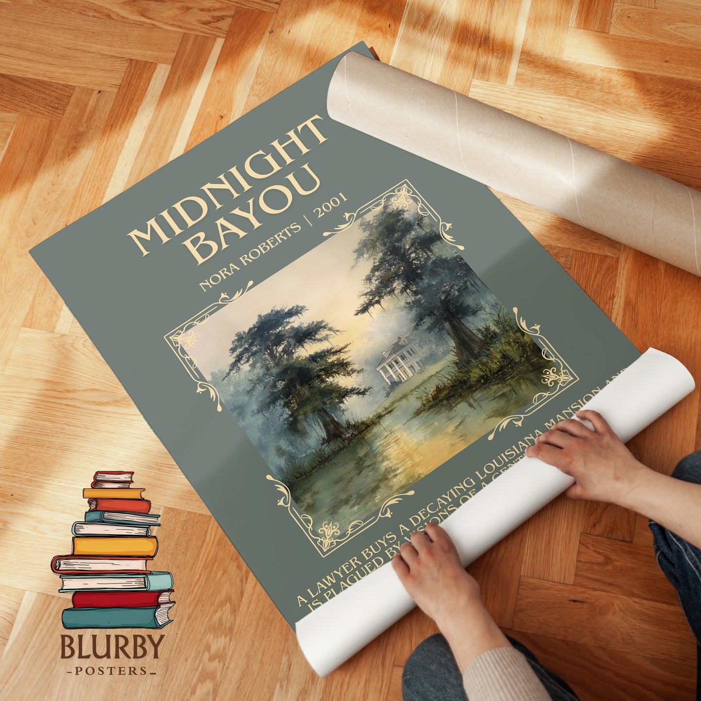 Midnight Bayou minimalist print on bookshelf – Nora Roberts fan gift