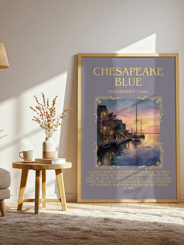 Chesapeake Blue minimalist print in frame leaning in hallway – romance wall art