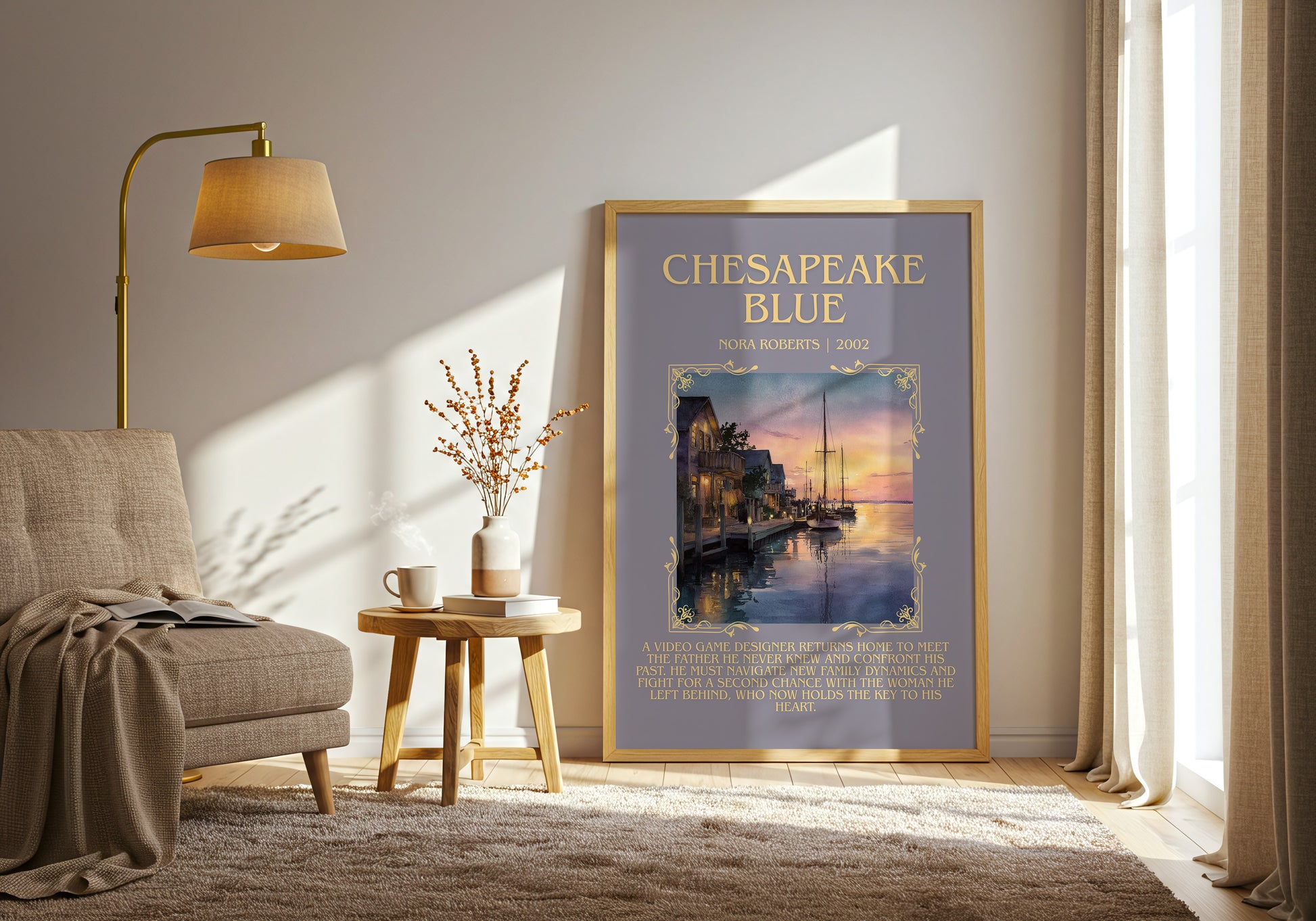 Chesapeake Blue minimalist print in frame leaning in hallway – romance wall art
