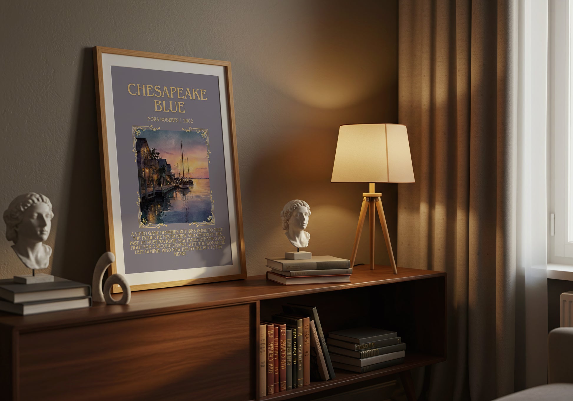 Chesapeake Blue minimalist book poster framed on wall – romance wall art