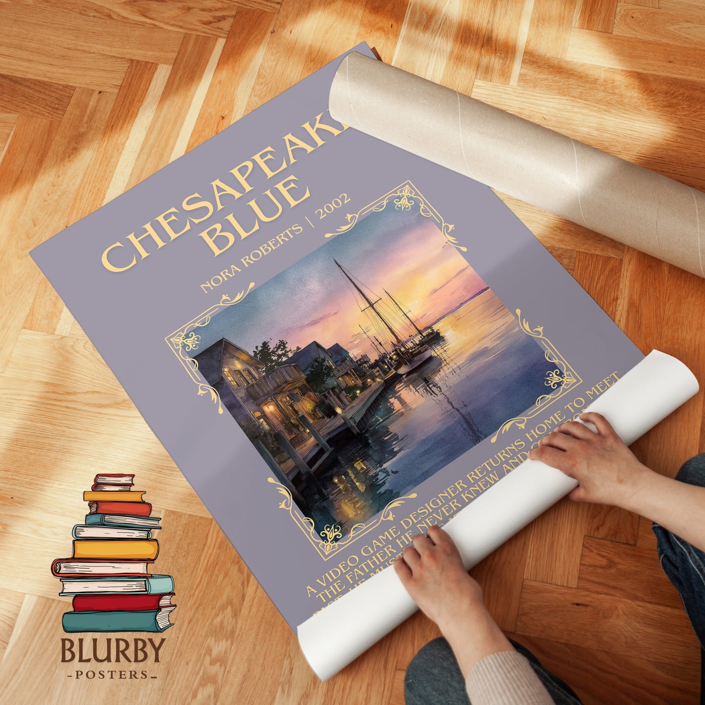 Chesapeake Blue minimalist print on bookshelf – Nora Roberts fan gift