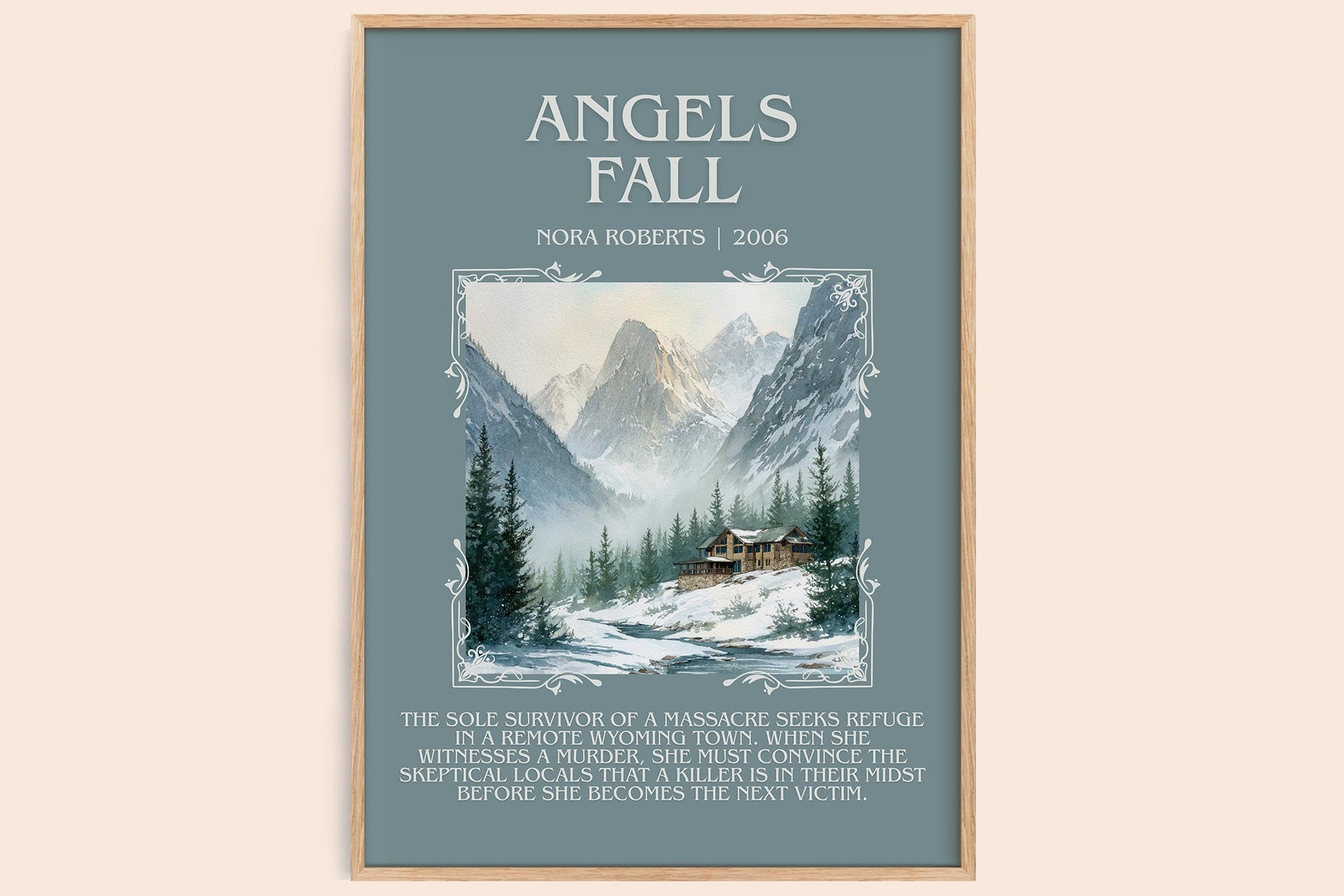 Angels Fall minimalist book poster by Nora Roberts – framed literary art print