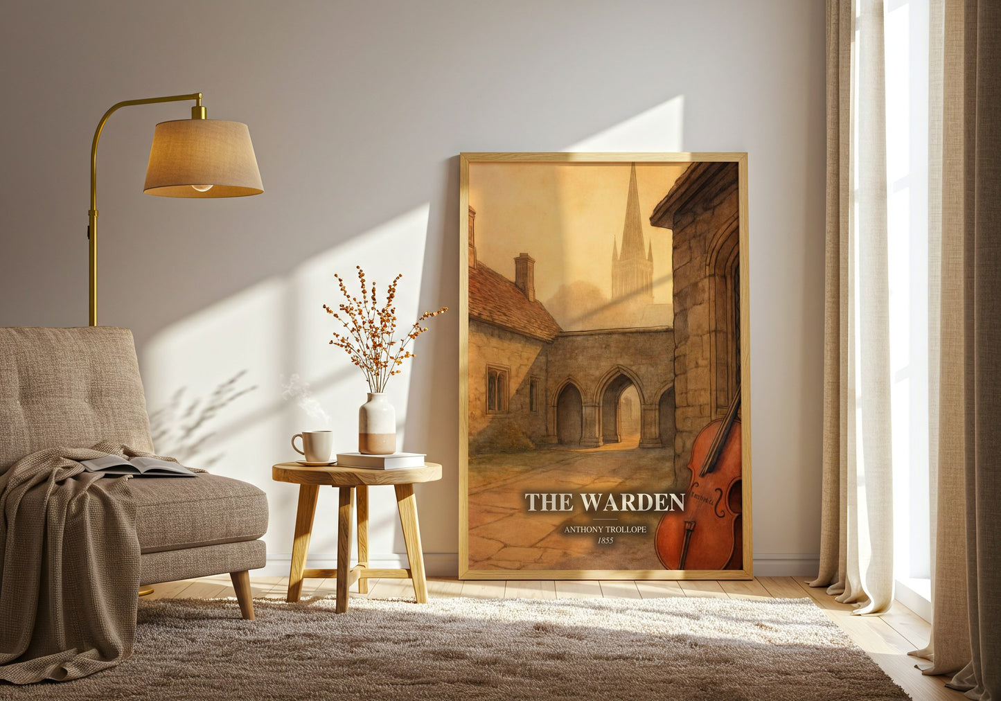 The Warden watercolour print in frame leaning in hallway – classic literature wall art