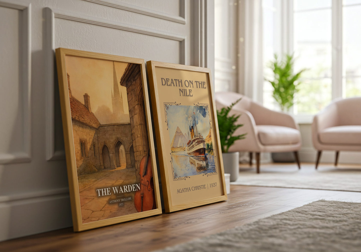 The Warden watercolour print framed by window – literary home decor