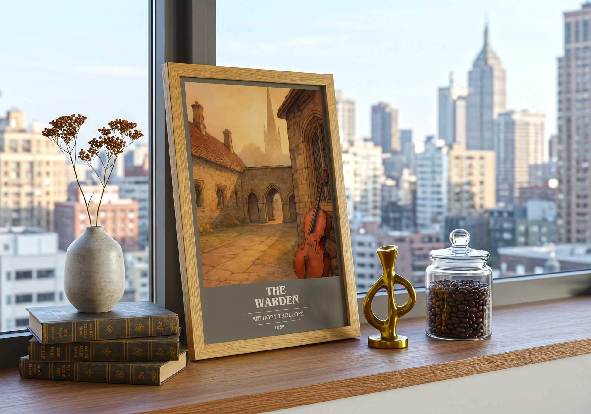 The Warden book cover print framed by window – literary home decor