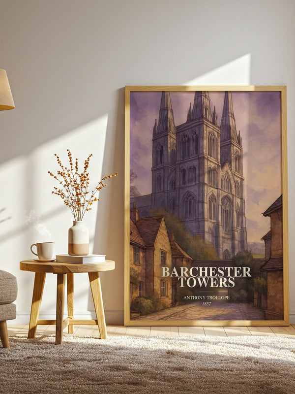 Barchester Towers watercolour print in frame leaning in hallway – classic literature wall art