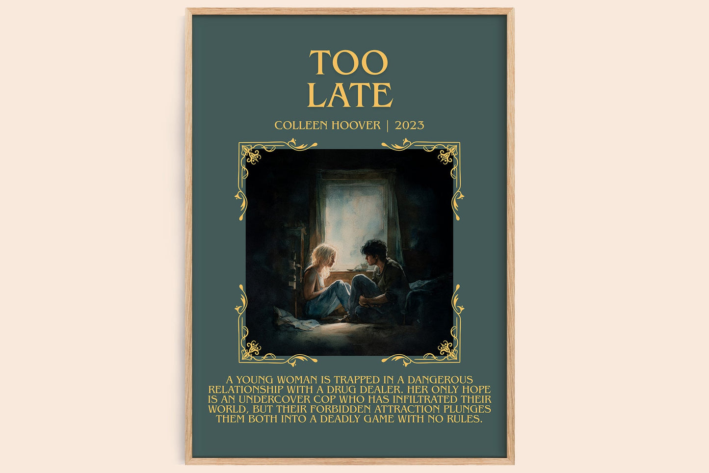 Too late minimalist book poster by Colleen Hoover – framed literary art print