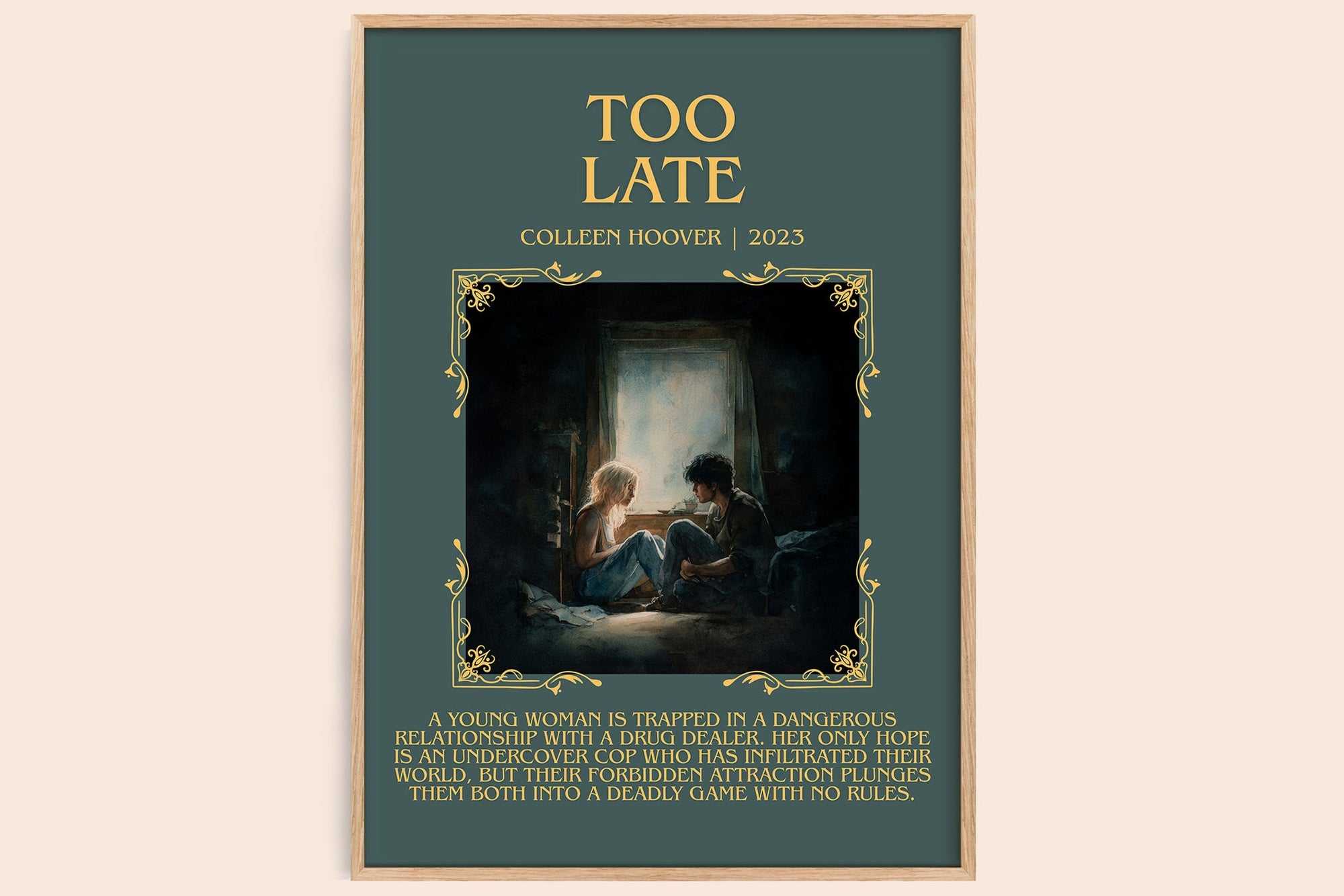 Too late minimalist book poster by Colleen Hoover – framed literary art print