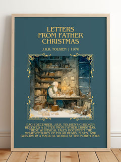 Letters from Father Christmas Minimalist Book Poster by J. Tolkien – framed print leaning on a wooden floor