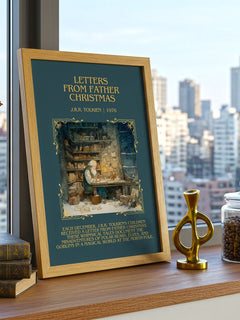 Letters from Father Christmas Minimalist Book Poster by J. Tolkien – framed print on a city-view windowsill