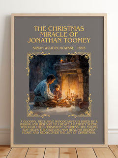 Christmas Miracle of Jonathan Toomey Minimalist Book Poster – framed print leaning on a wooden floor