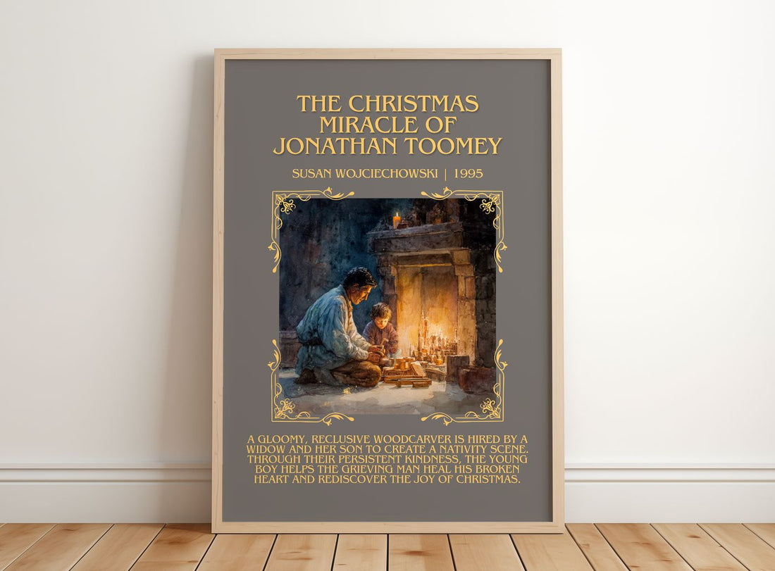Christmas Miracle of Jonathan Toomey Minimalist Book Poster – framed print leaning on a wooden floor