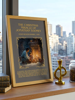 Christmas Miracle of Jonathan Toomey Minimalist Book Poster – framed print on a city-view windowsill