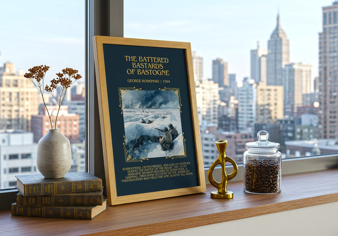 Battered Bastards Of Bastogne Minimalist Book Poster by G. Koskimaki – framed print on a city-view windowsill