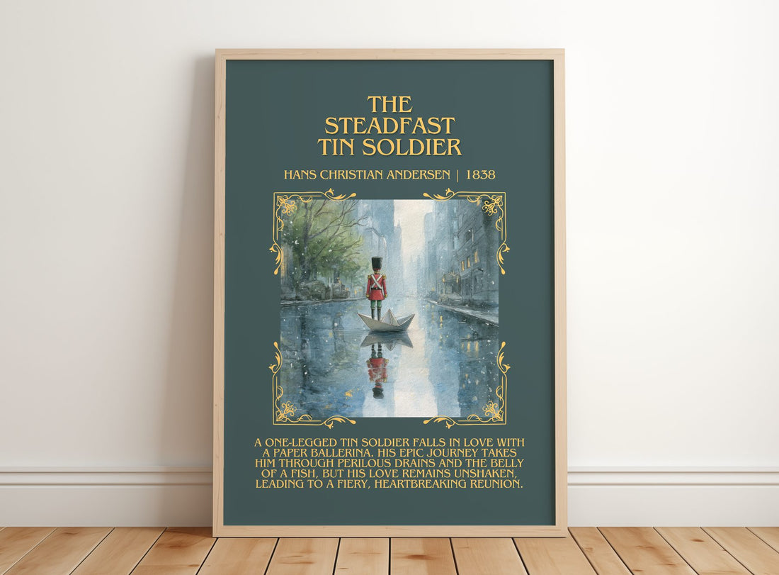 Steadfast Tin Soldier Minimalist Book Poster by H. Andersen – framed print leaning on a wooden floor