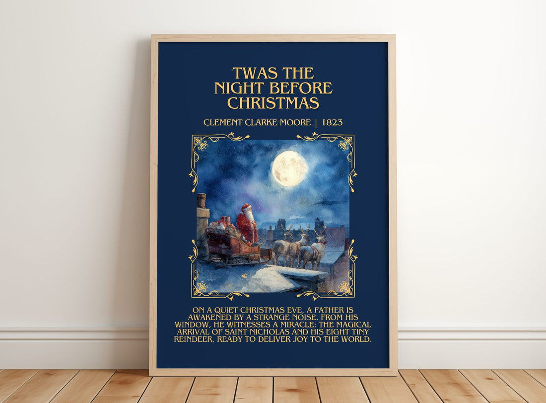 Twas The Night Before Christmas Minimalist Book Poster by C. Moore – framed print leaning on a wooden floor