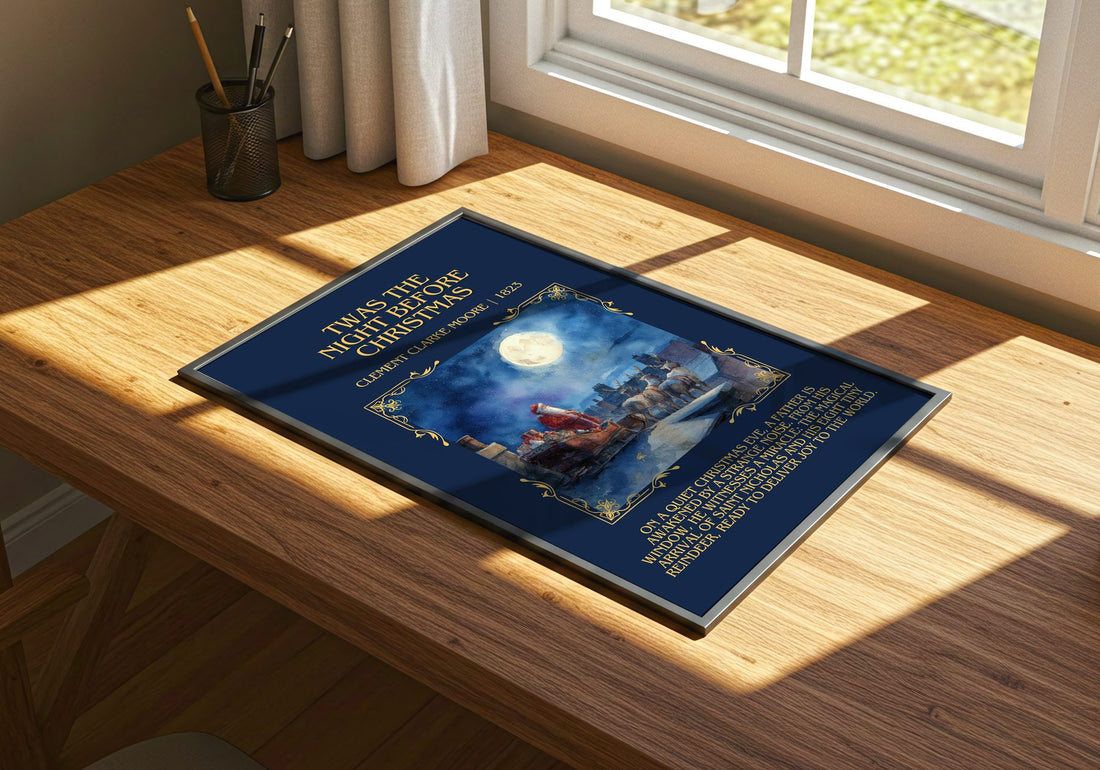 Twas The Night Before Christmas Minimalist Book Poster by C. Moore – print on a sunlit desk