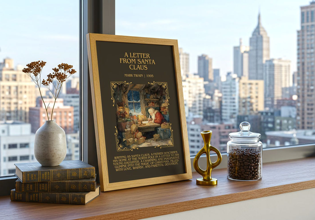 A Letter From Santa Claus Minimalist Book Poster by Mark Twain – framed print on a city-view windowsill