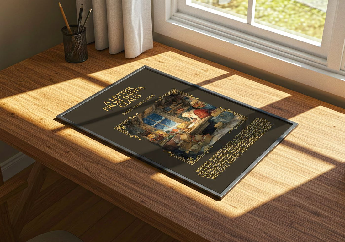 A Letter From Santa Claus Minimalist Book Poster by Mark Twain – print on a sunlit desk