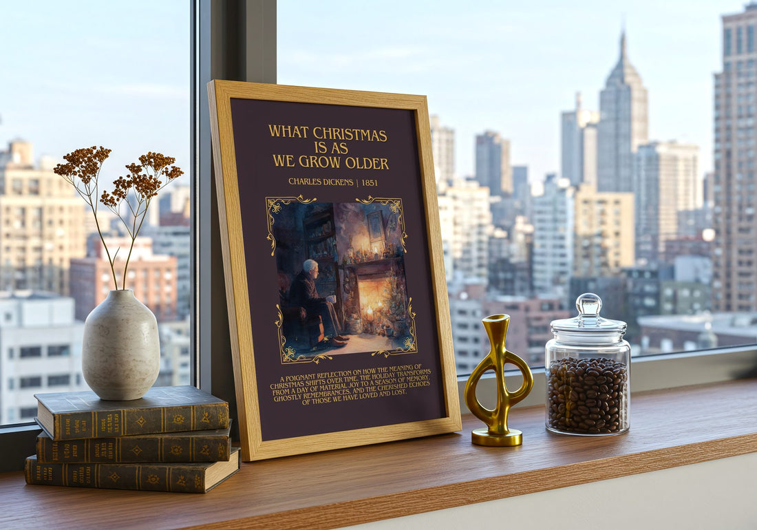 What Christmas Is As We Grow Older Minimalist Book Poster – framed print on a city-view windowsill