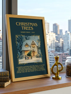 Christmas Trees Minimalist Book Poster by Robert Frost – framed print on a city-view windowsill