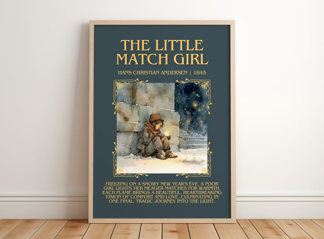 Little Match Girl Minimalist Book Poster by Hans Christian Andersen – framed print leaning on a wooden floor